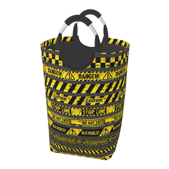 Danger Caution Warning Police Stripe Laundry Bag with Handle - Foldable Dirty Clothes Hamper Collapsible Storage Bin