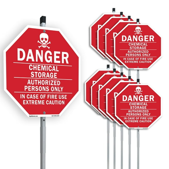 Danger Chemical Storage Authorized Persons Only in Case of Fire Use Extreme Caution (10 Pack) 10 inch X 10 inch Octagon Plastic Signs with Aluminum Mounting Stakes Weather Resistant for