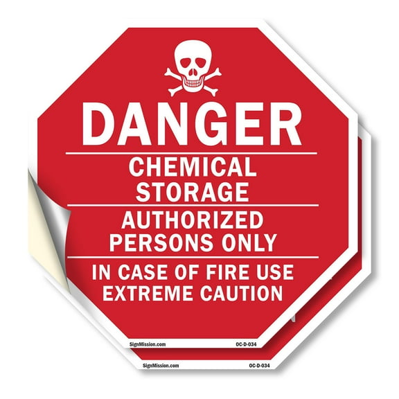 Danger Chemical Storage Authorized Persons Only in Case of Fire Use Extreme Caution (2 Pack) 6 inch X 6 inch Octagon Vinyl Label Decal Sticker Weather Resistant, UV Protected, Made in
