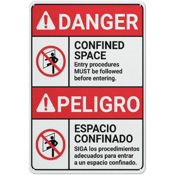 Danger Confined Space Procedures Must Be Followed Bilingual Spanish Metal Sign 8"x12" Rustproof Aluminum Multicolor - Indoor Outdoor Bilingual Confined Space Sign