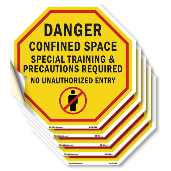 Danger Confined Space Special Training & Precautions Required No Unauthorized Entry (5 Pack) 4 inch X 4 inch Octagon Vinyl Label Decal Sticker Weather Resistant, UV Protected, Made in