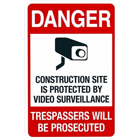 Danger Construction Site Video Surveillance Sign - 8"x12", Security Metal Decor for Work Zones, Building Sites, Business, Home, Street Walls