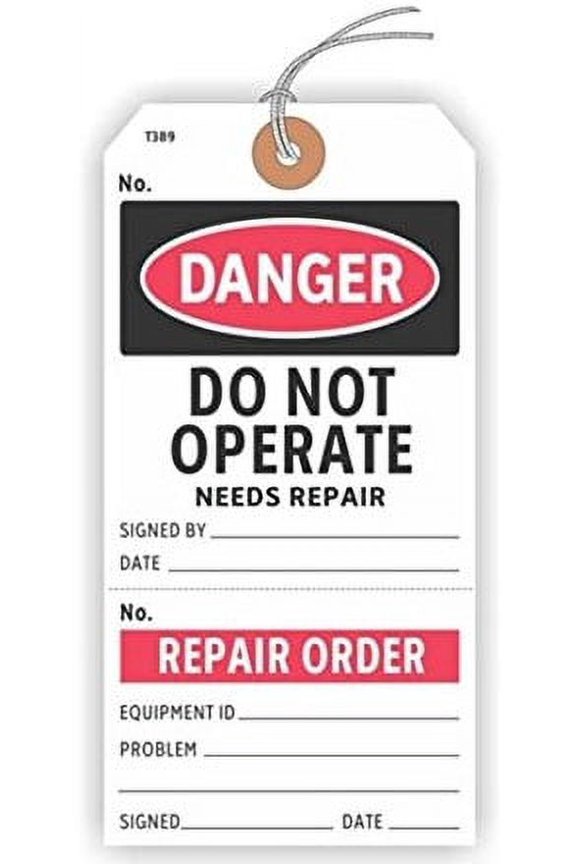 Danger - DO NOT Operate - Needs Repair Numbered Tags (1201-1300) with Tear-Off Stub and String, 2.875 x 5.75 inches, Cardstock - Pack of 100