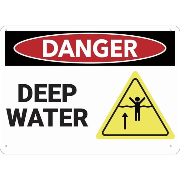 Danger Deep Water Sign 12X8 Inches Signs, Weather Resistant, Weatherproof, Indoor Or Outdoor Wall Decor Metal Tin Sign