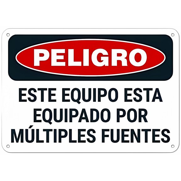 Danger Equipment Powered by Multiple Sources Spanish Metal Tin Sign 8"x12" - Clear Warning for Home & Business Use, Bilingual Equipment Sign