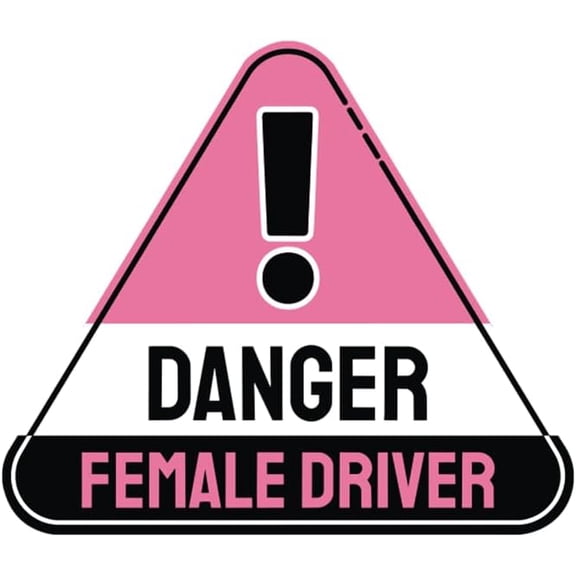 Danger Female Driver Funny Pink Caution Sign Vinyl Sticker Decal, Sarcastic Humor Auto Accessory for Car Bumper, Window, Laptop, and Water Bottle (5.7"x5")