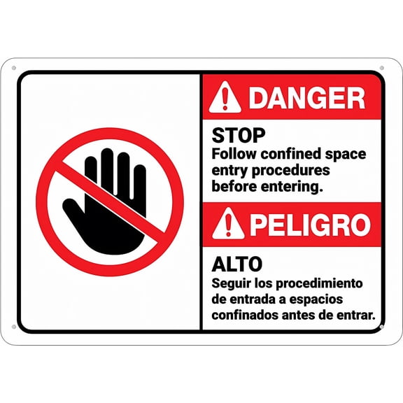 Danger Follow Confined Space Entry Procedures Bilingual Spanish Sign, 8"x12" Aluminum Sign, Pre-Drilled Holes Fence Door Gate Sign