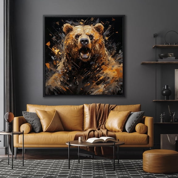 Danger Grizzly Bear Wall Art Aggressive Wildlife Roar Print Powerful Predator in Nature Decor Big Brown Animal Poster Ready to Hang, Stretched Canvas Size 8x12