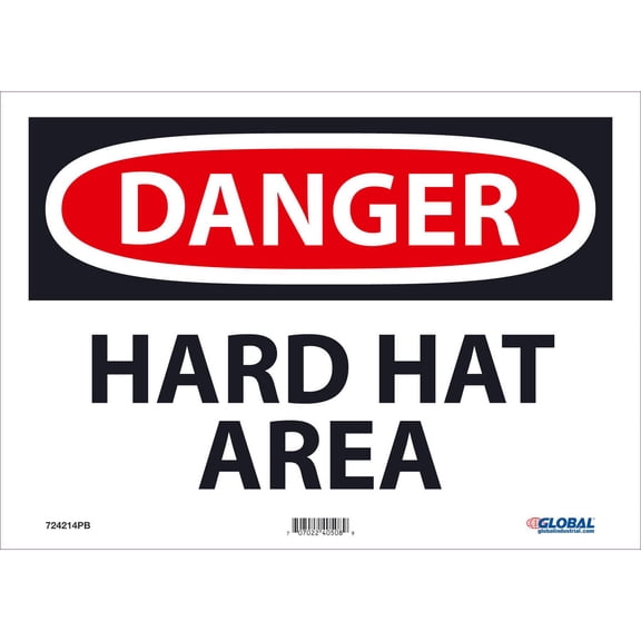 Global Industrial B2332396 Danger Hard Hat Area Pressure Sensitive Vinyl Sign - 10 x 14 in.