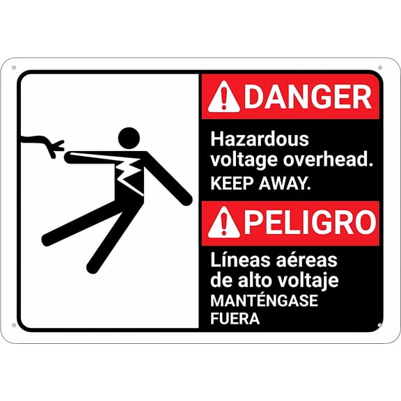 Danger Hazardous Voltage Overhead Keep Away Bilingual Spanish Sign - 8"x12" Outdoor Metal Sign for Business Workplace Office Home