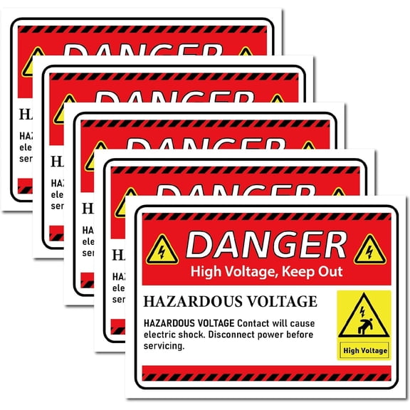 Danger High Voltage Safety Warning Sign Sticker Hazardous 9.8" x 6.9" 5Pcs Self Adhesive Vinyl Decal Keep Out Electrical Shock Label Waterproof Protective for Battery Bank Red Yellow White