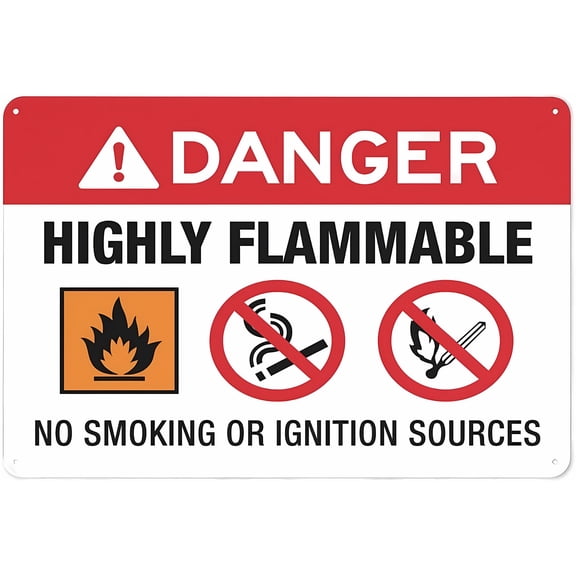 Danger Highly Flammable No Smoking Or Ignition Sources Sign - 8"x12" Warning Sticker Security Outdoor Sign, Chemical Storage, Warehouse, Fire Prevention