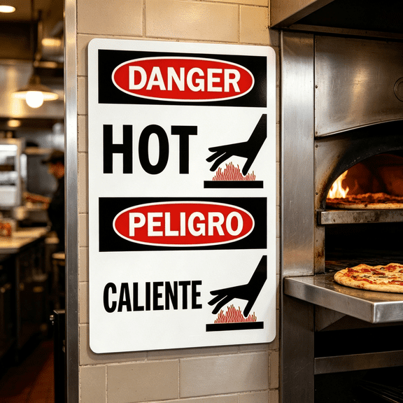 Danger Hot Warning Sign Bilingual Peligro Caliente Metal Signboard Weatherproof Safety Hazard High Temperature Industrial Workplace Factory Kitchen Boiler Room Caution Alert Simple Wall Mounting 12in
