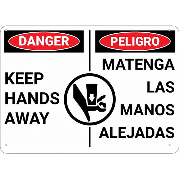 Danger Keep Hands Away With Graphic Bilingual Spanish Sign - 8"x12" Premium Rust-Free Sun-Proof Aluminum Yard Sign for House