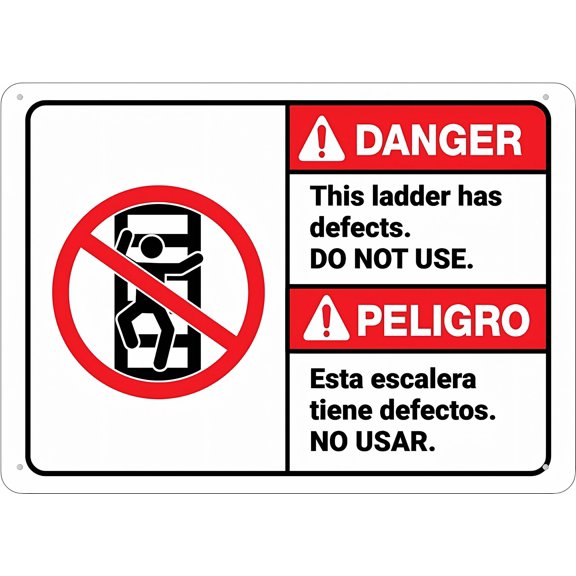 Danger Ladder Has Defects Do Not Use Bilingual Spanish Sign, 8"x12" Rust-Free Aluminum Outdoor Sign, Metal Tin Sign for Home Business