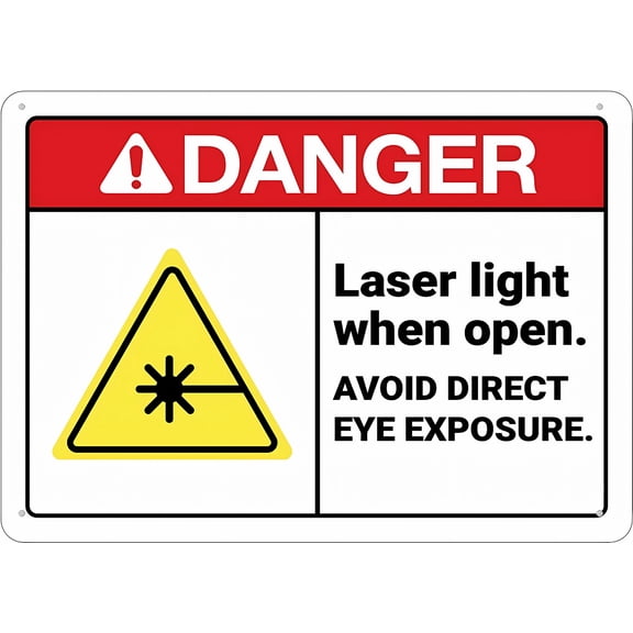 Danger Laser Light When Open Sign - 8"x12" Rust Free UV Printed Aluminum, Durable Weatherproof Outdoor Sign for Home