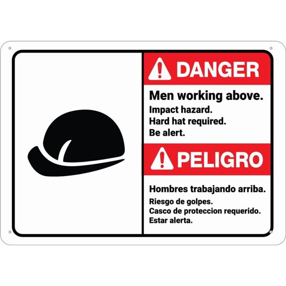Danger Men Working Above Impact Hazard Hard Hat Bilingual Spanish Sign 12X8 Inch Aluminum Uv Ink Printed For House And Business