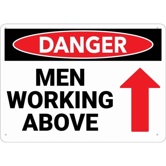 Danger Men Working Above Sign With Arrow Sign 12 X 8 Inch Metal Sign, Rustproof Aluminum, Multicolor