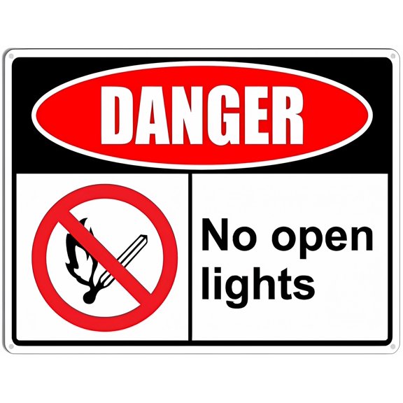 Danger No Open Lights Sign - 8"x12" Vintage Metal Warning Sign for Home Farm Bar Coffee Shop Club, Flammable Area, Gas Storage, Fire Prevention