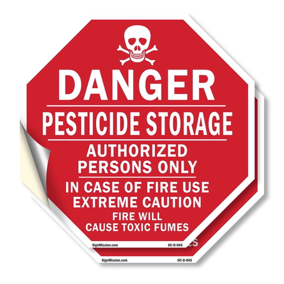 Danger Pesticide Storage Authorized Persons Only in Case of Fire Use Extreme Caution Fire Will Cause Toxic Fumes (2 Pack) 10 inch X 10 inch Octagon Vinyl Label Decal Sticker Weather