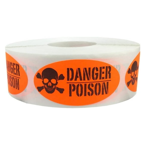 Danger Poison Stickers - Fluorescent Red Oval Labels 1x2 Inch - 500 Pack - Warehouse Inventory, Hazardous Material Warning, Freezer Safe 1 x 2" Oval