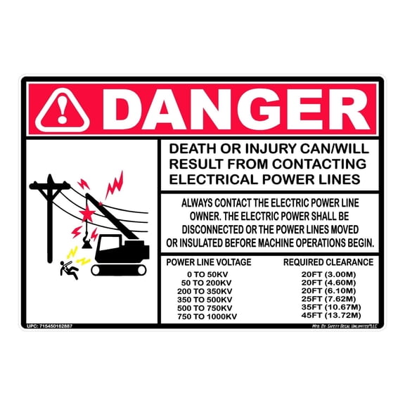 Danger Power Line Crane Bucket Boom Truck Electrical Shock Hazard Burn Death Warning Black Red White Rectangle Label Sticker Decal Made in America (5" x 7")