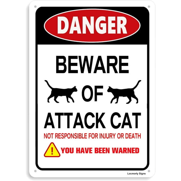 Danger Sign, Beware of Attack Cat Sign, 8x12 Inch, Rustproof Sign Wall Decor Metal Tin Sign