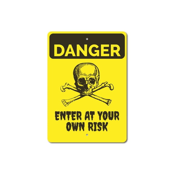 Danger Sign, Skull Sign, Crossbones Sign, Enter Own Risk Sign, Danger Enter Sign, Haunted House Decor, Skull Aluminum Decor - 10x14 inches