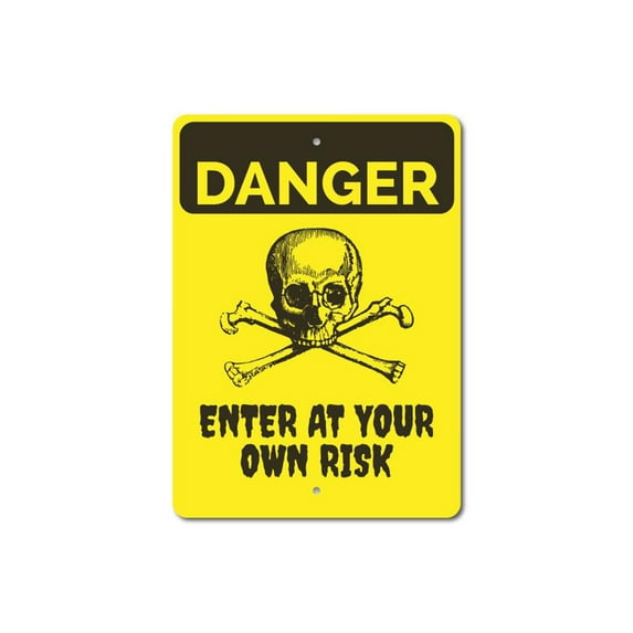 Danger Sign, Skull Sign, Crossbones Sign, Enter Own Risk Sign, Danger Enter Sign, Haunted House Decor, Skull Aluminum Decor - 10x14 inches