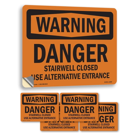 Danger Stairwell Closed Use Alternative Entrance OSHA WARNING Vinyl Decal Label 5 Inch x 3.5 Inch - 5 Pack