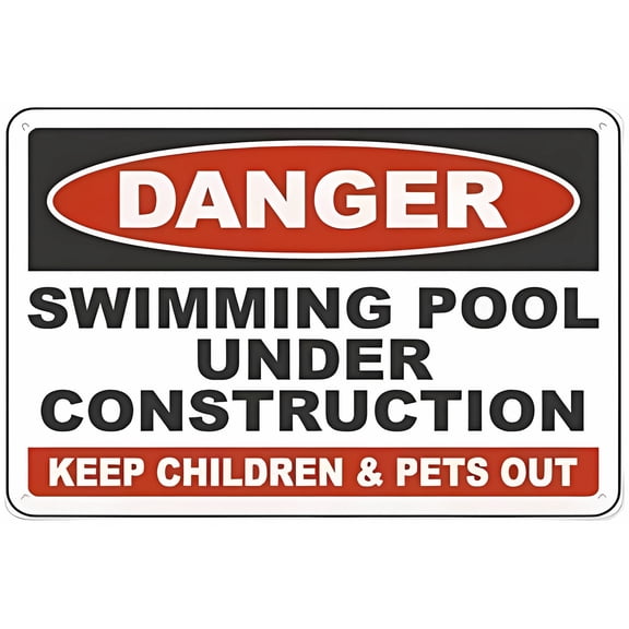 Danger Swimming Pool Under Construction Sign - 12×8 Inches, Aluminum Tin Warning Sign, Home Outdoor Garden Pool Safety Decor
