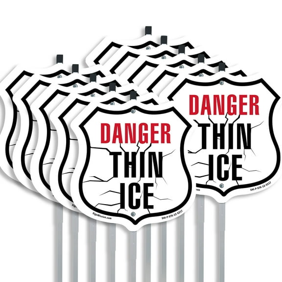 Danger Thin Ice (10 Pack) 12 inch X 12 inch Shield Shaped Commercial Grade Plastic Signs with Aluminum Mounting Stakes Weather Resistant Made in the USA