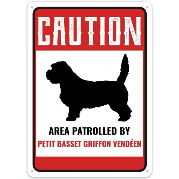 Danger Warning Caution Area Patrolled by Petit Basset Griffon Vend En 8"x12" Metal Tin Sign - Wall Decor for Home Kitchen, Bar, Pub, Garden & Cafe