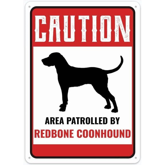 Danger Warning Caution Area Patrolled by Redbone Coonhound Dog 8"x12" Metal Tin Sign - Wall Decor for Home Kitchen, Bar, Pub, Garden & Cafe