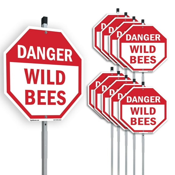 Danger Wild Bees (10 Pack) 10 inch X 10 inch Octagon Plastic Signs with Aluminum Mounting Stakes Weather Resistant UV Protected for Workplace Private Property and Construction Site Made
