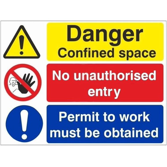Danger confined space no unauthorised entry permit to work must be obtained multi message sign No Entry, Hazard, Metal Sign - Warning, Notice, Safety - 12x16 Inch