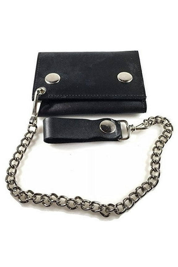 Mens 4-Pocket Genuine Leather Motorcycle/BikerTrifold Wallet with Chain