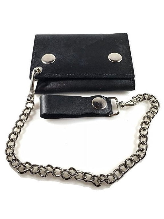Mens 4-Pocket Genuine Leather Motorcycle/BikerTrifold Wallet with Chain