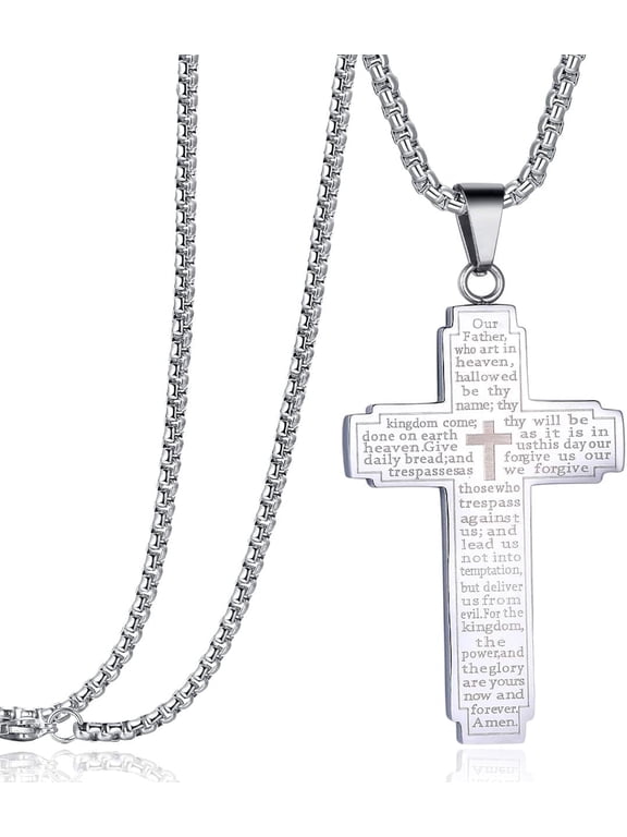 Cross Pendant Our Father Lord's Prayer Necklaces for men, Stainless Steel, 24 Inch, 1 Count Per Pack
