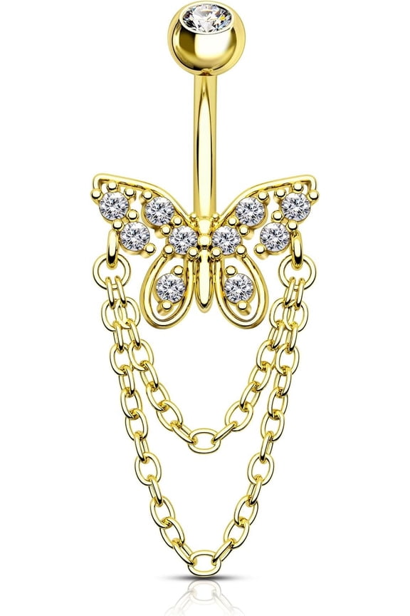 Dangle Belly Button Rings - 14G Gold Butterfly Navel Rings for Women - Stainless Steel Piercing Jewelry