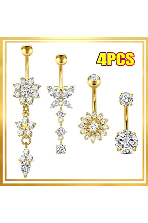 Dangle Belly Button Rings for Women Internally Thread Curved Barbell Belly Rings Dangling Navel Rings CZ Flower Navel Piercing Jewelry