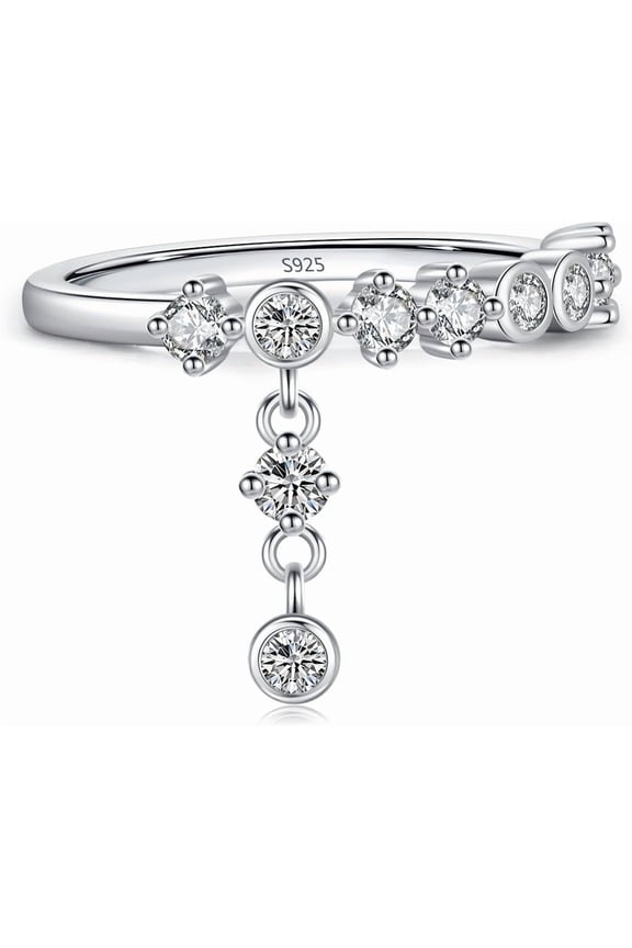 Dangle Charm Cubic Zirconia Stacking Ring for Women 925 Sterling Silver Danging Crystal Drop Statement Ring Engagement Promise Wedding Band
