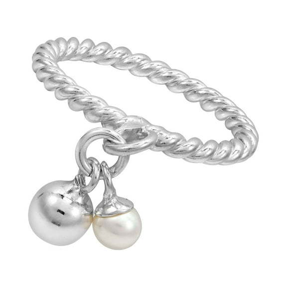 Dangle Cultured Pearl and Sphere Eternity Twisted Band Sterling Silver Ring-9