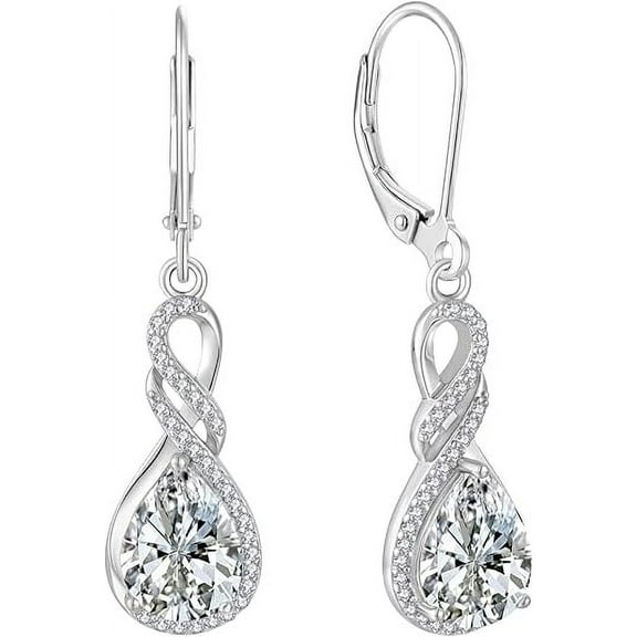 Dangle Drop CZ Earrings for Women, 925 Sterling Silver Twisted Infinity Earrings, 7x9mm Teardrop Birthstone Leverback Earrings Jewelry Birthday Gifts for Women Wife Her