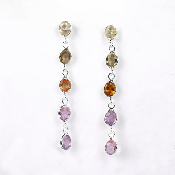 Dangle Drop Oval Three Color Gemstone Earring, Chain Link Studs Earring, 925 Starling Silver Dainty Chain, Minimalist Stud Jewelry, Bridal Earring.