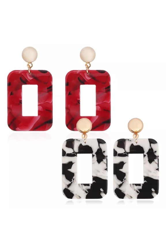 Dangle Earrings Cellulose Acetate Rectangle Gold Black Red 55X30Mm&nbsp; P646