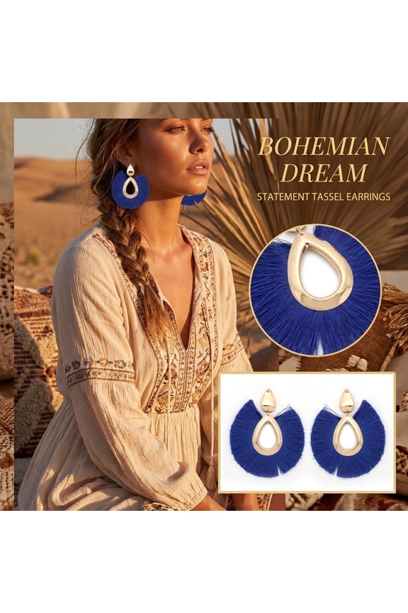 Dangle Earrings, Cotton Thread Fan Shaped Earrings, Bohemian Statement Tassel Dangle, Lightweight Teardrop Cutout Design, 3X2.5 In, Suitable for Beach Vacation and Daily Casual