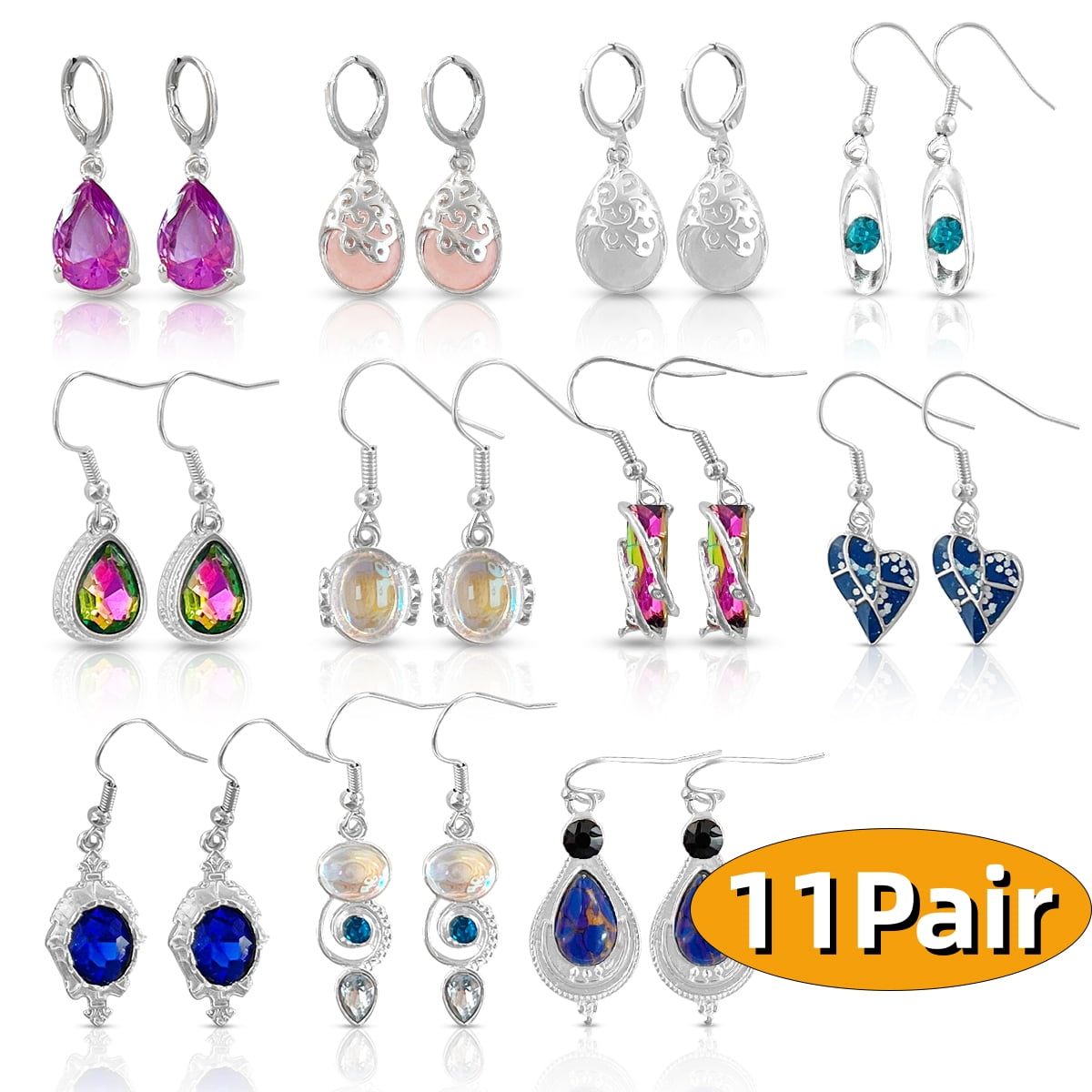 Dangle Earrings Long Teardrop Druse Crystal Drop Earrings for Women Cubic Zirconia Huggie Hoop Earring Jewelry Set Christmas Gifts 11 Pairs