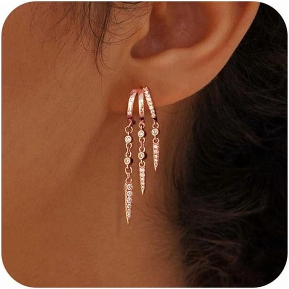 Dangle Earrings for Women,14k Gold Plated Triple Huggie Stud Earrings Cute Statement Chain Earring Dainty Drop Earrings for Women Trendy Gold Plated Jewelry