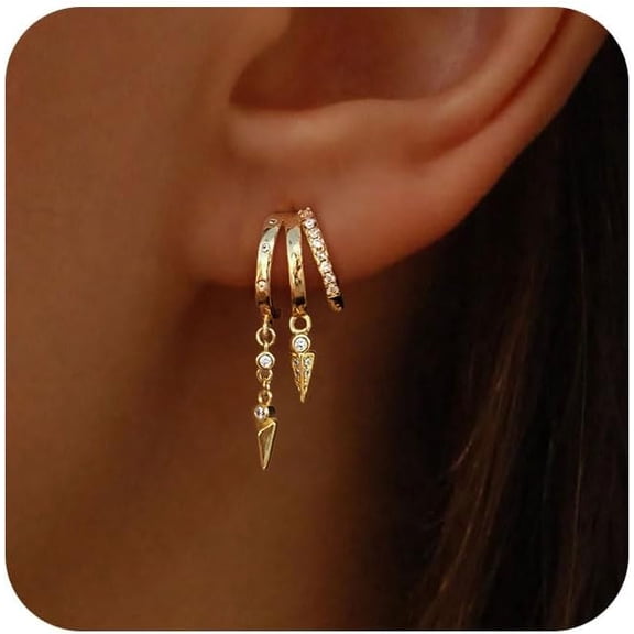 Dangle Earrings for Women,14k Gold Plated Triple Huggie Stud Earrings Cute Statement Chain Earring Dainty Drop Earrings for Women Trendy Gold Plated Jewelry